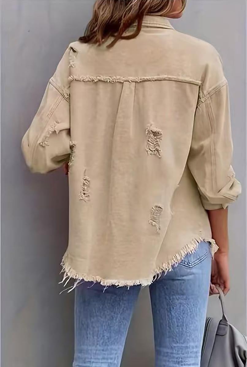 Women's Casual Ripped Denim Jacket Oversized Long Sleeve Button Down Raw Hem Distressed Jean Jackets - Image 2