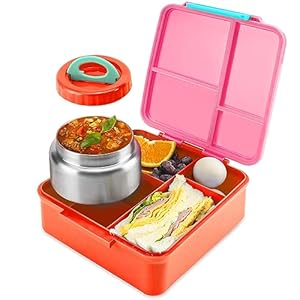 Bento Lunch Box for Kids With 8oz Soup Thermo,Leak-proof Lunch Containers with 4 Compartment,Thermo Food Jar, Food Containers for School(Vermilion)