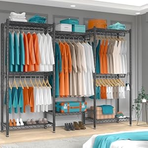Portable Wardrobe Rack 7 Tiers Wire Shelving Black Garment Rack Compact Extra Large Clothing Racks Metal with 5 Hanging Rods 2 Side Hooks for Hanging Clothes