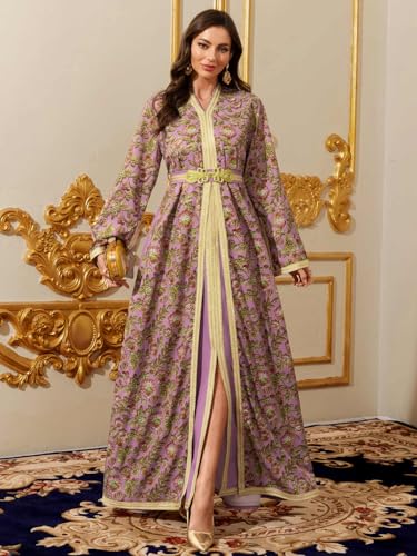 Image of Abaya for Women Floral Embroidered Muslim Dress V-Neck Arabian Maxi Robe