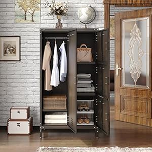 MIIIKO Steel Wardrobe Cabinet Locker Rustic Metal Storage Cabinet with Shelf Lockable Doors and Hanging Rod Industrial Locker Cabinet for Living Room Bedroom Home Office and Club