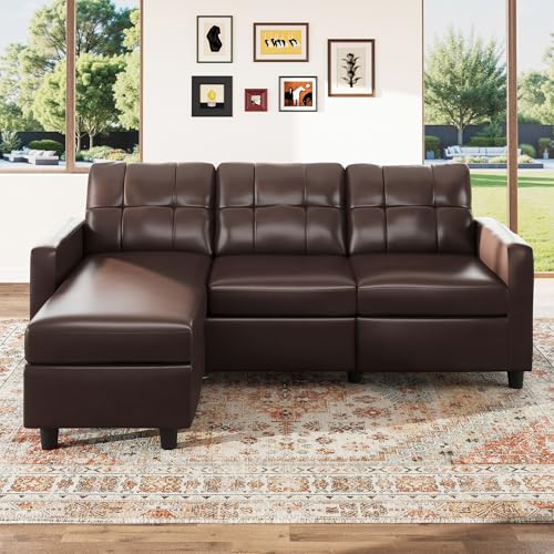 HONBAY Faux Leather Sectional Sofa, Convertible Sectional Couch L Shaped Couch Sofa for Small Space, Mid Brown
