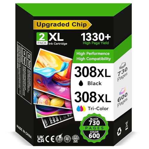 INKWELLZ Cartuchos 308XL BK/CMY   730/600+ Páginas, Reemplazo para Originale Tinta HP 308 Negro & Color, para HP Envy 6120e 6122e 6132e 6520e 6530e 6532e 6558e 6110e 6130e DeskJet 2910 2920 2921 2922