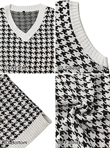 Gulajia Oversized Women Houndstooth Pattern Knit Sweater Vest Sleeveless Loose V-Neck 90S Waistcoat Pullover Knitwear Top White L #TOP4