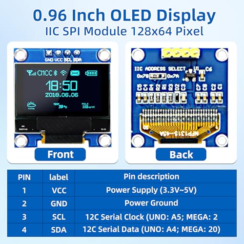 Image of 5 Pcs 0.96 Inch OLED I2C IIC Display Module, 128x64 Pixel SSD1306 Mini Self-Luminous OLED Screen Board Compatible with Arduino Raspberry Pi (Blue)