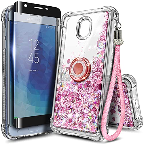 NGB Case for Samsung Galaxy J7 2018, J7 Crown J7 Star J7 Refine J7 V 2nd Gen with Tempered Glass Screen Protector, Ring Holder, Liquid Floating Shiny Glitter Quicksand Soft TPU Cute Case -Rose Gold