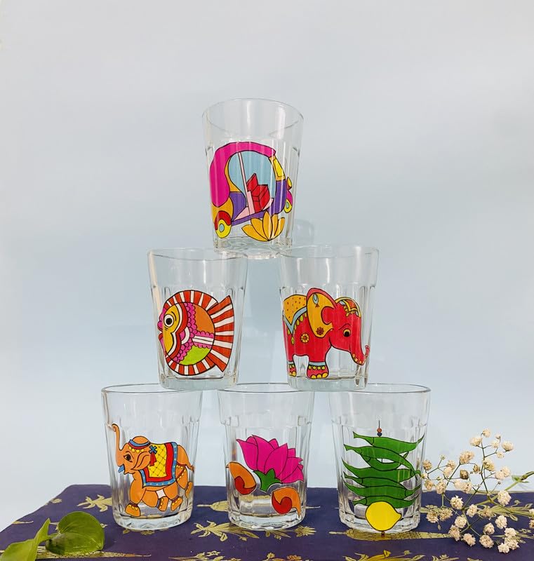 TOPSYTURVY Hand Crafted & Hand Designed Tapri Tea and Coffee Style Glass (Set of 6, 90ml Each) | Colourful Design Tapri Style Kulhad Cups | Cutting Chai Glasses Set 4