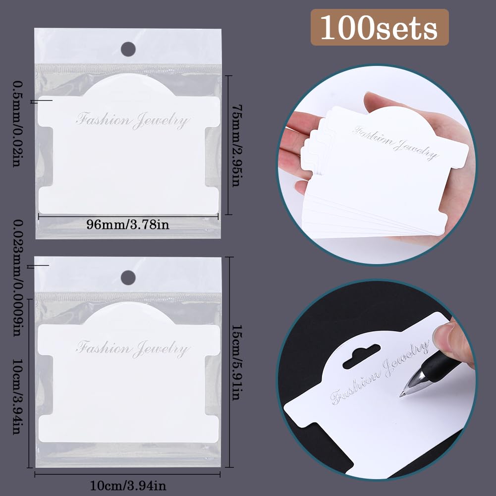 SOFPLATE 100Pcs 3.78 x 2.95 Inch Jewelry Packaging Card Bracelet Display Cards Bracelets Paper Display Board with 5.91 x 3.94 Inch Bags White Cardboard Jewelry Holder for Hanging Necklaces Earrings