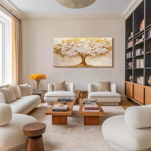 crmotu Tree of Life Wall Art, White Gold Tree Extra Large Canvas Paintings, Nature Landscape Abstract Art Prints, Modern Aesthetic Pictures Wall Decor Living Room Office Ready to Hang 30x60 Inch