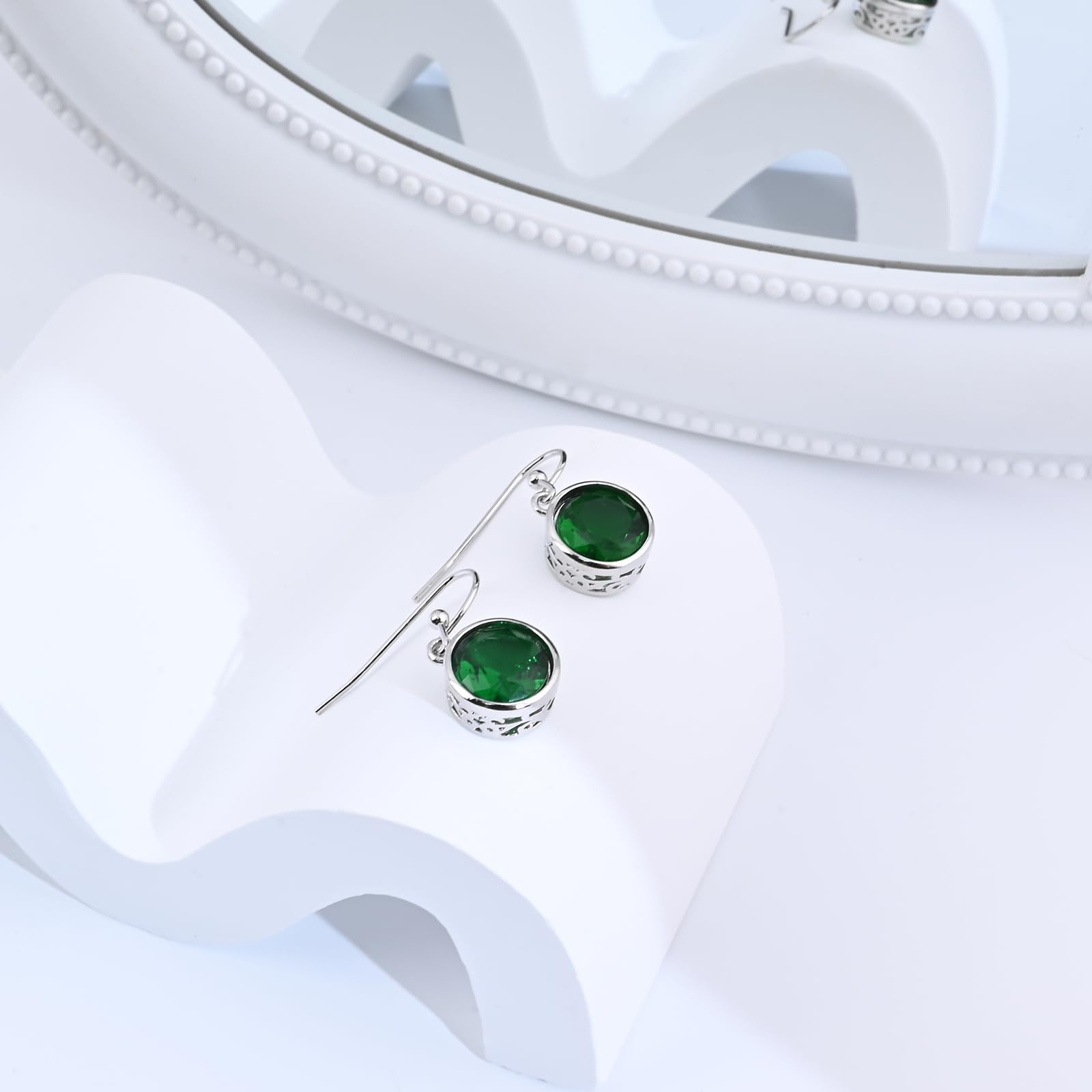 Silber Hängeohrringe mit Smaragd Kristallen für Damen Mädchen, Handgefertigte Haken Ohrhänger, Hypoallergenene Silberohrringe als Geburtstag Geschenk Hochzeit Schmuck