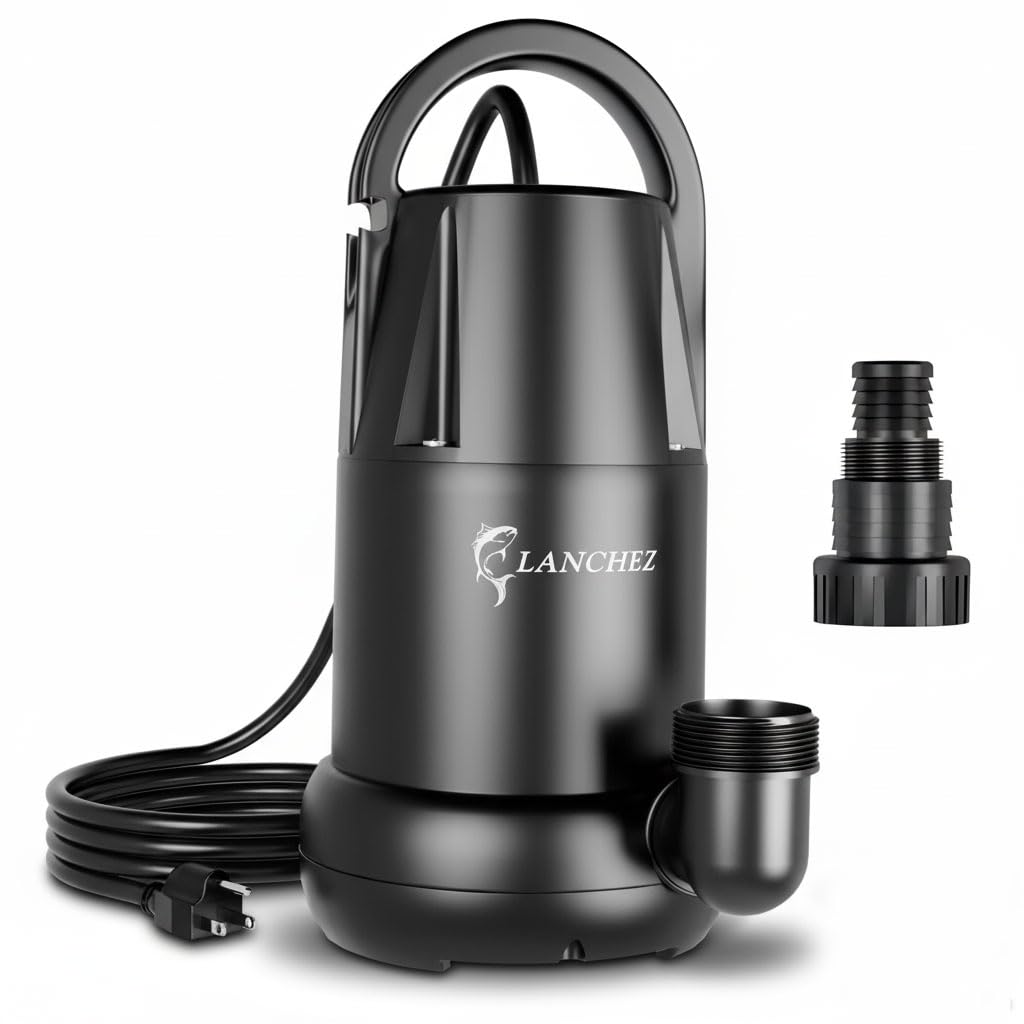 LANCHEZ Sump Pump 1 HP 4700 GPH Submersible Water Pump Thermoplastic Portable Utility Pump High Flow Water Removal for Swimming Pool Garden Pond Basement Window Wells with 25FT Long Power Cord