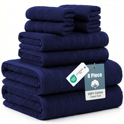 Casa Platino 100% Cotton Bath Towels - 8 Pcs Luxury Set - Soft Absorbent & Durable - 2 Bath 4 Washcloths 2 Hand Towels for Bathroom - Sustainably Produced & Designed for Everyday use - Navy Blue