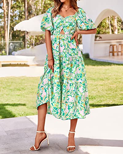 BTFBM Women Summer Dresses 2025 Casual Flowy Beach Square Neck Puff Short Sleeve Smocked Back Boho Floral Long Maxi Dress3