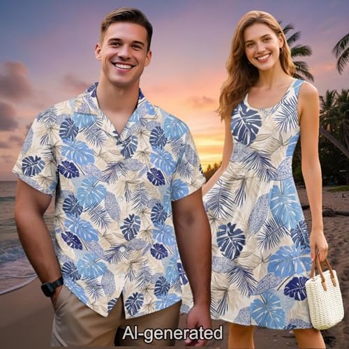 Image of Dreaweet Summer Dresses for Women A-Line Sleeveless Flowy Sun Dresses,Men's Casual Button-Down Shirts,Couple Matching Outfits