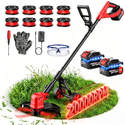 14' Weed Wacker 21V Cordless String Trimmer & Edger, Battery Powered Grass Trimmer with Auto Line Feed, 8 Replacement Spools & 2×3.0Ah Batteries Included