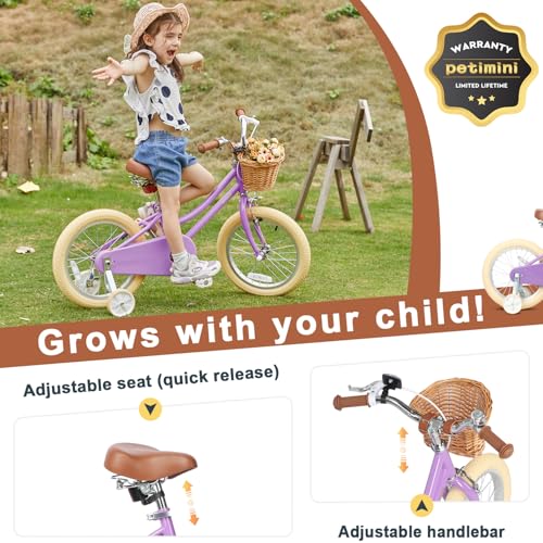 Image of Petimini Vintage Kids Bike for Girls, 12-20 Inch Classic Bicycle with Wicker Basket & Bell, High Tensile Steel Frame, Training Wheels (12-18 inch), 85% Pre-Assembled, Retro Bike for Outdoor Riding