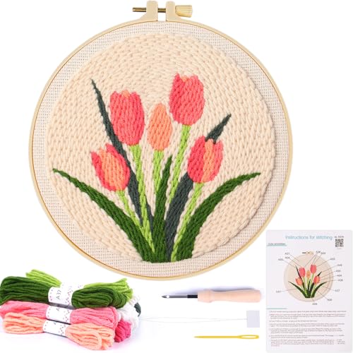 Image of KESTAR Punch Needle Embroidery Starter Kits, Pink Tulip Flower Punch Needle Kits for Adults Beginner, Needle Punch Kit Tool with Instruction Threader Fabric Yarns and Hoop