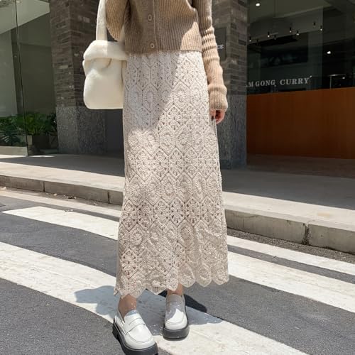 chouyatou Women's Bodycon Floral Embroidered Knit Skirt Lace Crochet Eyelet Pencil Flared Midi Skirt3