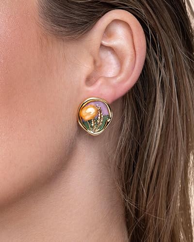 Gold Purple Irregular Button Enamel Freshwater Pearl Statement Earrings for Women by SNGIA, Colorful Green Plant Round Handmade Chunky Trendy Summer Studs Jewelry Gifts, Swirl Beachy Flower Geometric Fashion Baroque Accessories, Vintage Classy Circle Nickle Free Floral Earrings.4