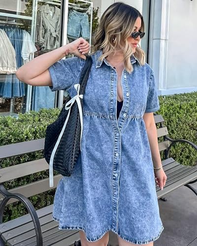 GRAPENT Denim Dress for Women Babydoll Tiered Short Sleeve Button Down Jean Shirt Dresses - Image 6