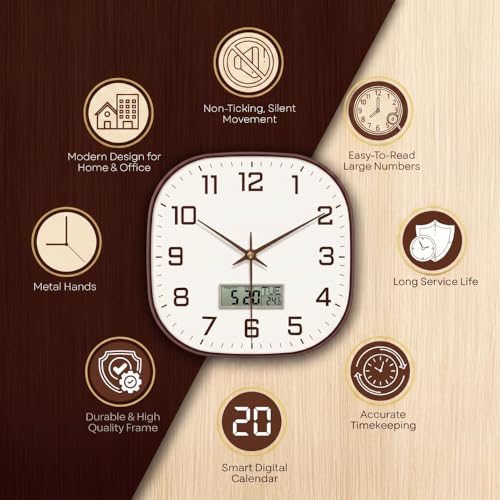 Image of STAR WORK 12 inch Inch Square Silent Non-Ticking Quartz Movement Wall Clock with Analog & Digital Display | Easy-to-Read Numbers | Modern Design for Living Room, Bedroom or Office (White - Brown Digital)