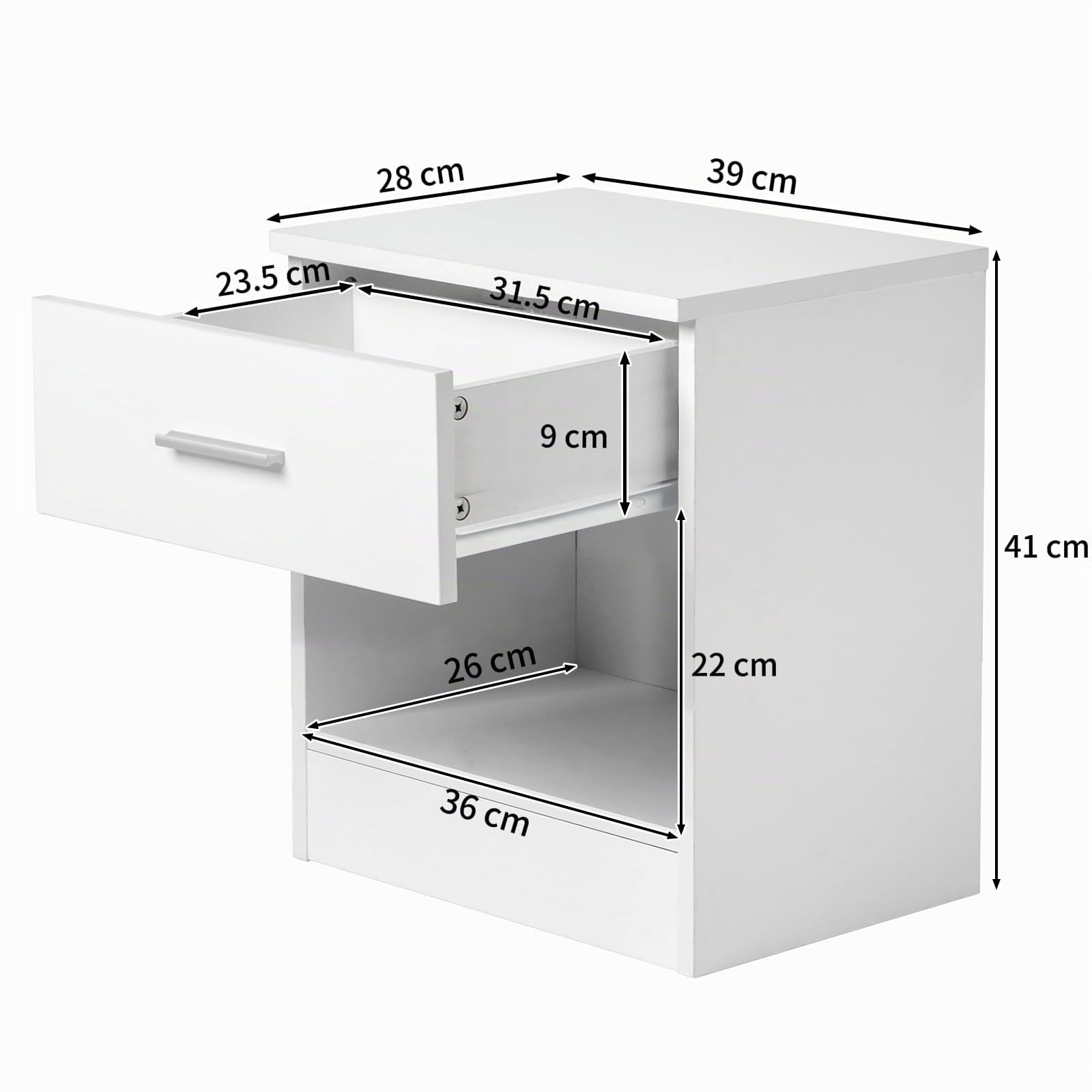 Bonnlo Table de Chevet, Table de Nuit avec 1 Compartiment Ouvert, Commode Chambre avec 1 Tiroir, Convient pour Salon, Chambre, Salle de Bain, 41 x 39 x 28 cm (Tout Blanc 2)