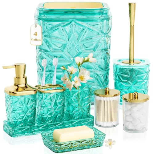 9-Piece Teal Acrylic Bathroom Accessory Set with Trash Can