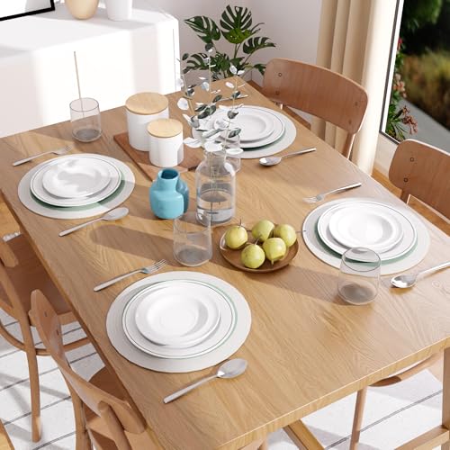 Image of Dining Table Mats Set of 4 | Cotton Table Mat 32 cm Diameter, Encasa XO Washable Round Table Mats, Heat Resistance Dining Table Placemats, Handmade Ribbed Style for Centre Table, Sage & Off White