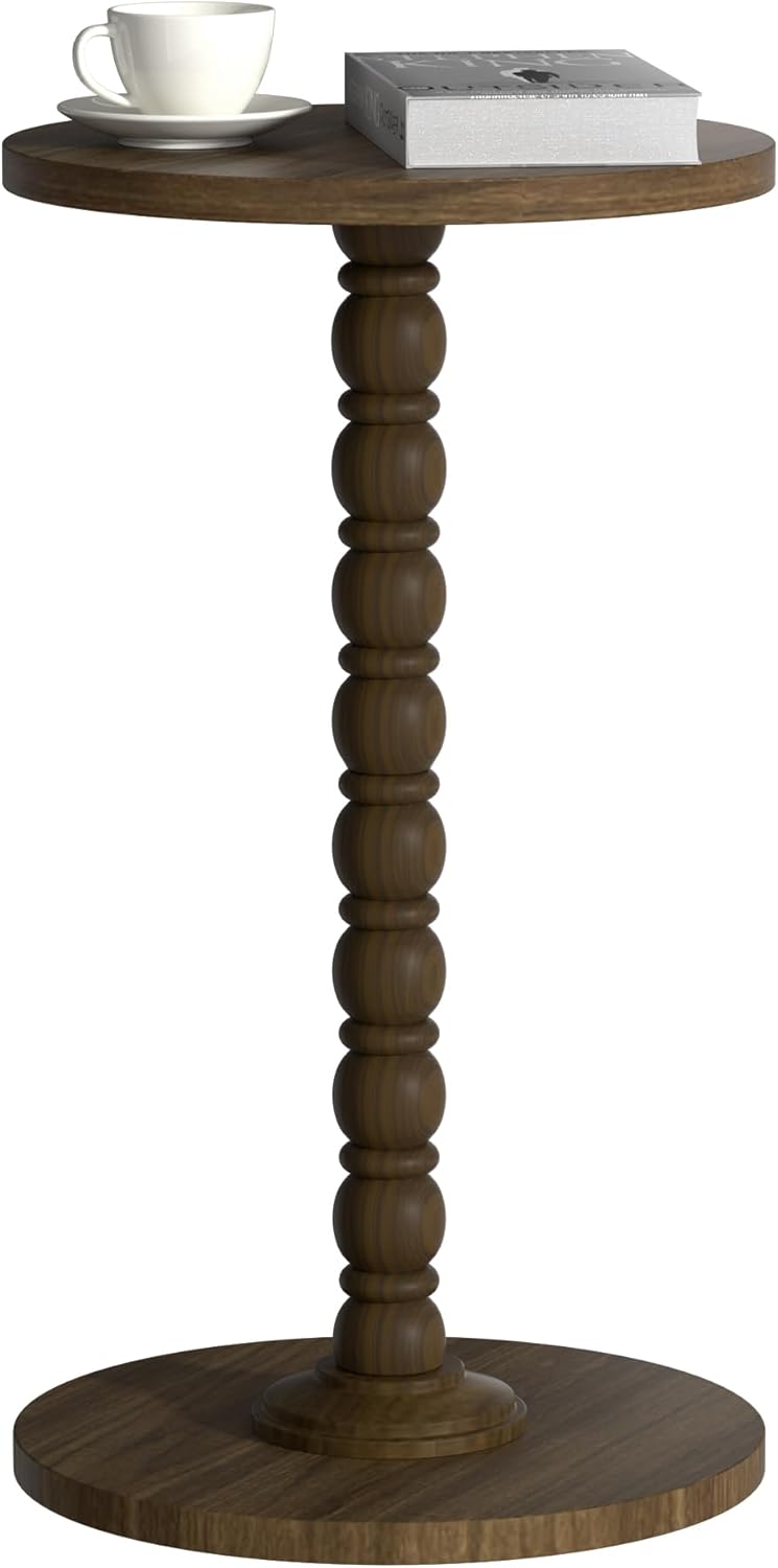 Modern Round Small End Table for Small Spaces, Pedestal Corner Side Table with Solid Wood Leg, Vintage Couch Drink Table for Sofa, Accent Coffee Tea Table for Living Room Bedroom, Walnut