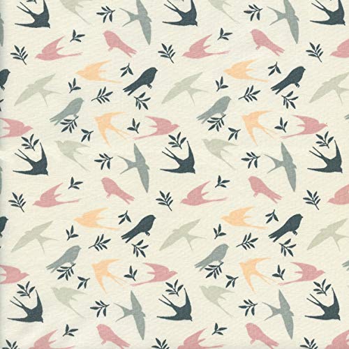 Textiles français Tela Aves - Las Golondrinas (Rosa Antiguo, Antracita, Gris, melocotón & Menta pálida sobre un Fondo Blanco Crema) | 100% algodón Suave | Ancho: 140 cm (por Metro Lineal)*