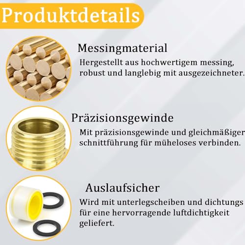 CONJURAIDE 2 Stück Reduzierung 3/4 auf 1/2, Messing Reduzierstück Adapter 3/4 Zoll auf 1/2 Zoll mit 2m Gewindedichtband und 2 Gummidichtung Adapter für Wasserleitungen (AG Ø 20mm x IG Ø 25mm)