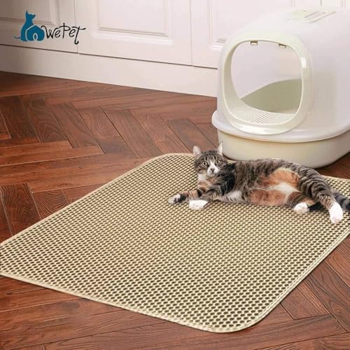 Image of Cat Litter Mat 12 x 18 in Double Layer Open Edge Design, Waterproof Urine Proof Trapping, EVA Material, Durable, Washable, Litter Box Tray (Beige, 1 Count)
