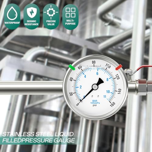 Image of 0-160PSI Stainless Steel Liquid Filled Pressure Gauge, 4 inch Dial Size, 1 /4 inch NPT Back Mount, for Tube, Water Pump, Gas, Liquid, Pressure Test (with Range Mark Pointer)