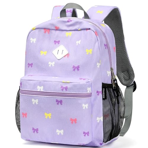 STEAMEDBUN Corduroy Kids Backpack for Girls 3-8 Girls Backpack for Elementary Kindergarten - Purple Bow
