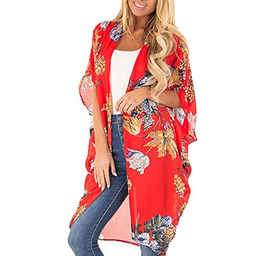 MOTOCO Mjuer Long Cardigan Top 3/4 Manga con Cuello En V Puerta Plisado Plisado Floral Ropa De Playa Blusa con Protector Solar(M,Rojo)