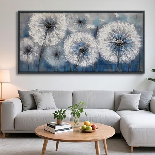 Image of Dandelion Wall Art Blue Large Picture for Living Room Canvas Art Wall Decor Above Bed White Flower Artwork for Walls Paintings Modern Art Aall Decor Framed Wall Art for Bedroom 29x58IN