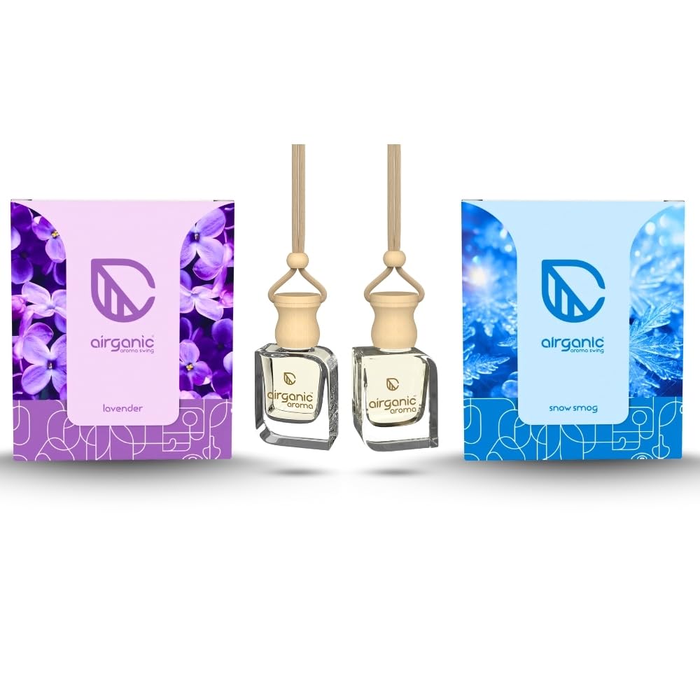 AIRGANIC Aroma Swing Combo Offer : Lavender & Snow Smog |Aroma with Essential Oils in Glass Bottle with Wooden Diffuser Lid|Car Freshners| Car Hanging Accessories| Car Accessories Interior