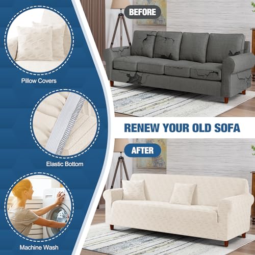 Image of TAOCOCO 4 Seater Sofa Slipcover, 1Piece Soft Fitted Oversized Couch Cover Washable Large Sofa Cover with 2PCS Throw Pillow Covers, Jacquard Furniture Protector for Pets Dog(4 Seater,Beige)
