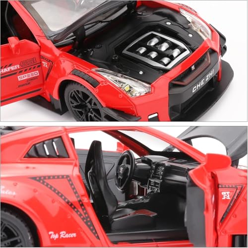 Image of FEXXA 🏎️ Exclusive Alloy Metal Pull Back Die-cast Car Model with Sound Light Mini Auto Toy for Kids Metal Model Toy Car with Sound and Light (1.24 Scale NISS-an GTR -RED)
