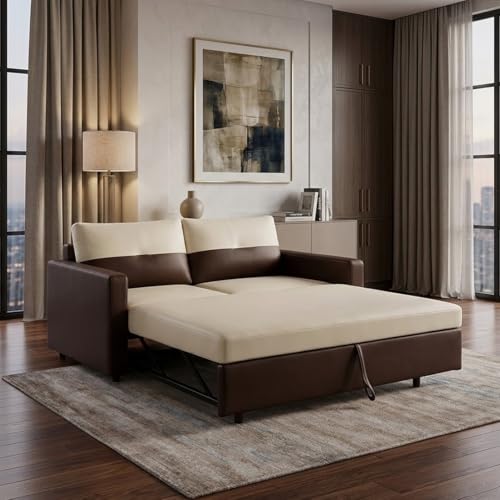 Image of SOCOZI Enrique 2 Seater Sofa Cum Bed | Premium Leatherette Upholstery | Modern Convertible Design | Comfortable Seating & Sleeping Solution for Living Room (Dark Brown-Cream)