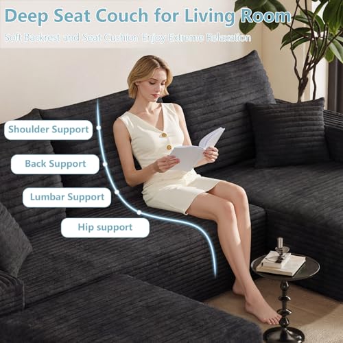 Image of 95 inch Boneless Cloud Couch Sectional Couches Sofa for Living Room | Modular U-Shaped Couch, Comfy Modern Corduroy Memory Foam Sofas with Ottoman, Oversized Chaise (Black, Right-Facing Chaise)
