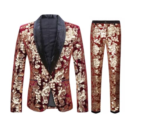 Men Groom Wedding Suits Sequins Fleece Embroidery Blazer Pants Set Banquet Prom Dress Tuxedo Outfit Red Gold XL
