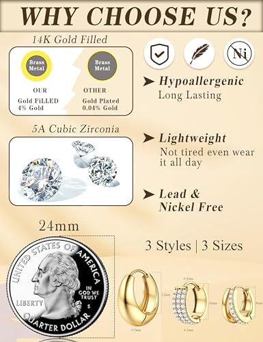 YADOCA Gold Hoop Earrings for Women - Hypoallergenic Chunky Gold Silver Hoops Earring Stacks Small 14K Gold Filled Huggie Earrings Set for Multiple Piercing 8/10/12M3
