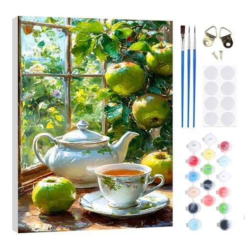 RICUVED Frutas Pintar por Numeros Adultos Mujer con Marco,Café DIY Cuadros para Pintar por Numeros con Caballete de Madera, Pintura Acrilica Manualidades Adultos Decoracion 20x30cm