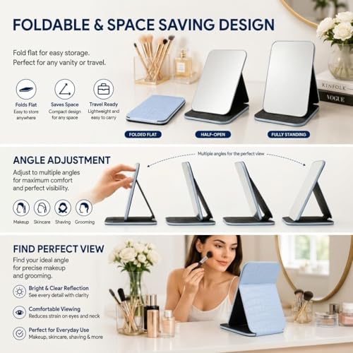 Image of Foldable Makeup Mirror with Adjustable Stand, Portable HD Vanity Mirror for Travel & Dressing Table, PU Leather Crocodile Pattern Compact Cosmetic Mirror for Women & Girls (16x11cm) (Blue)