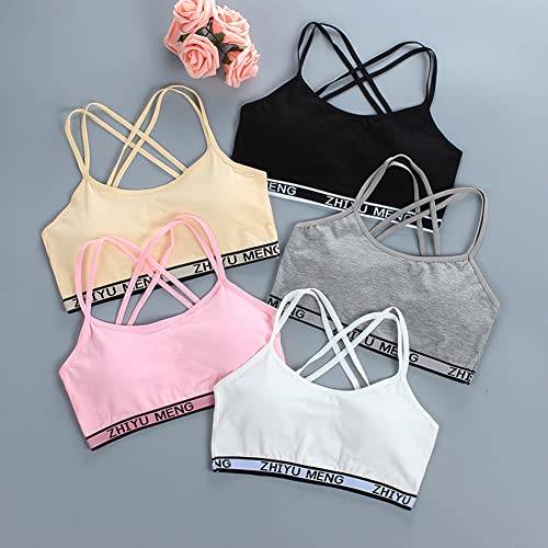 Girls' Training Sports Bra, Crisscross Back Padded Strappy Bra with Removable Cups Cotton Seamless Bralette 4-Pack, Pattern 24