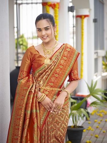 Image of MANOHARI Women's Trendy Banarasi Woven Saree with Heavy Jacquard Work, Elegant Design, Silk Saree with Maching Lace Border Unstitched Blouse Piece for Weddings & Festive Occasions