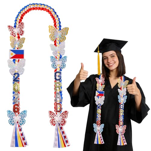 Image of Class of 2026 Philippines Graduation Leis,Double Gold Graduation Lei Ribbon with Butterfly and Pins Accessories,Flowers Congrats Graduates Money Lei Handmade Graduation Gift for Her College