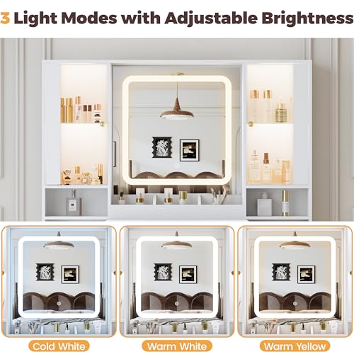 Image of BORNOON Vanity Desk with Mirror and Lights, Makeup Vanity with 7 Drawers, 2 Glass Door Cabinets, Charging Station, Adjustable Shelves, RGB Lighting, Holder