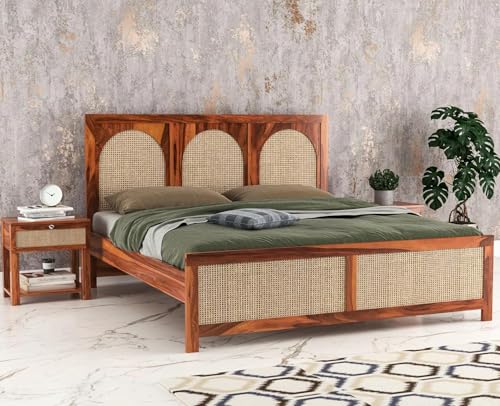 Image of Solid Sheesham Wood Queen Size Bed Without Storage for Bedroom Living Room | Wooden Double Bed Cot for Home Hotel | (Honey Finish-3 Round, Queen Size)